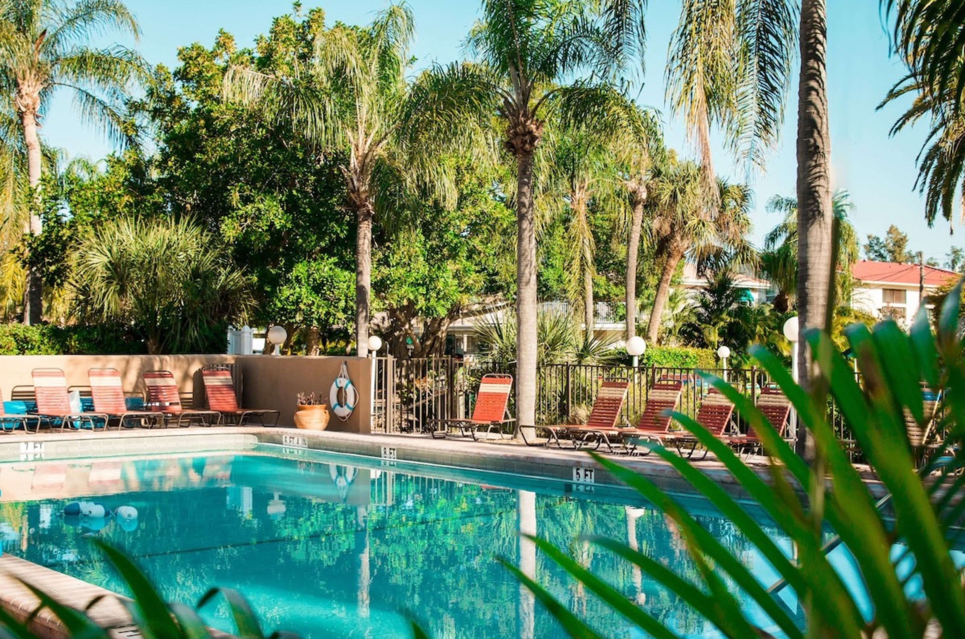 One of the sparkling outdoor swimming pools at Tropical Beach Resorts in Siesta Key Florida