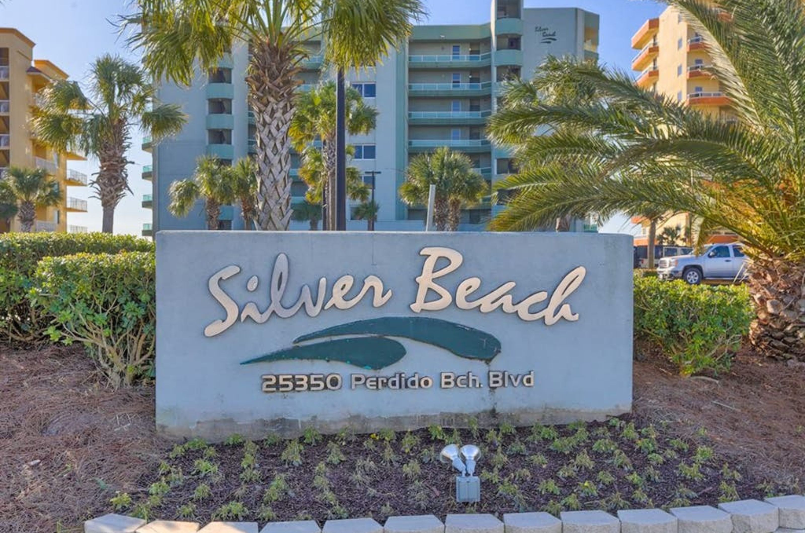 The entrance to Silver Beach Condominiums in Orange Beach Alabam a