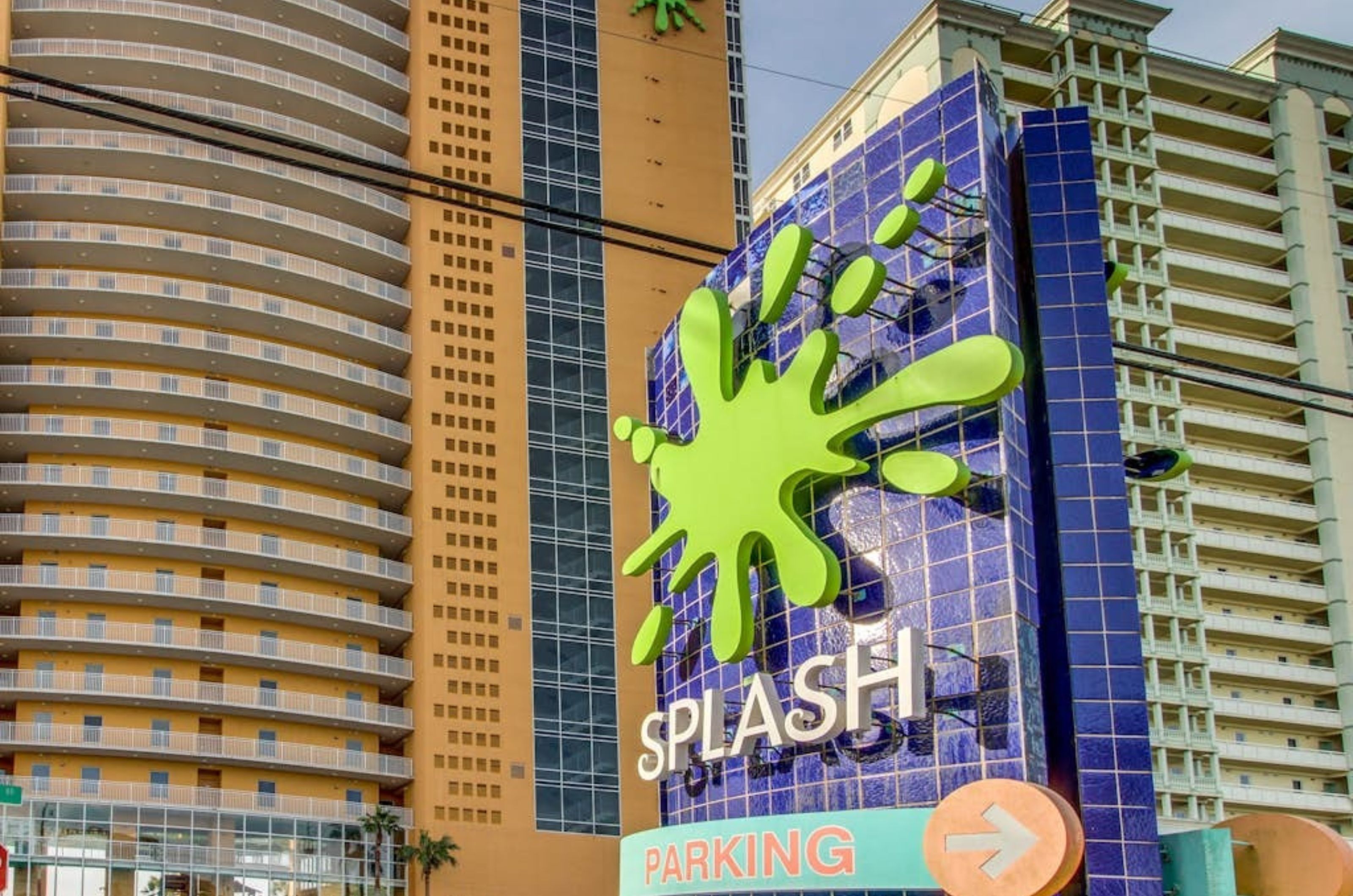 The property's sign in front of one of the high-rises at Splash Resort in Panama City Beach Florida 