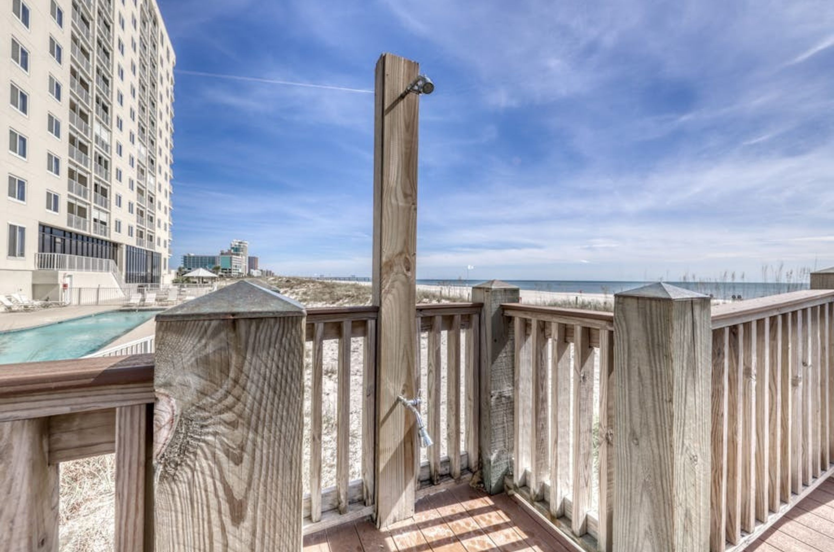 The outdoor shower on the boardwalk at Summerchase Condos in Orange Beach Alabama	