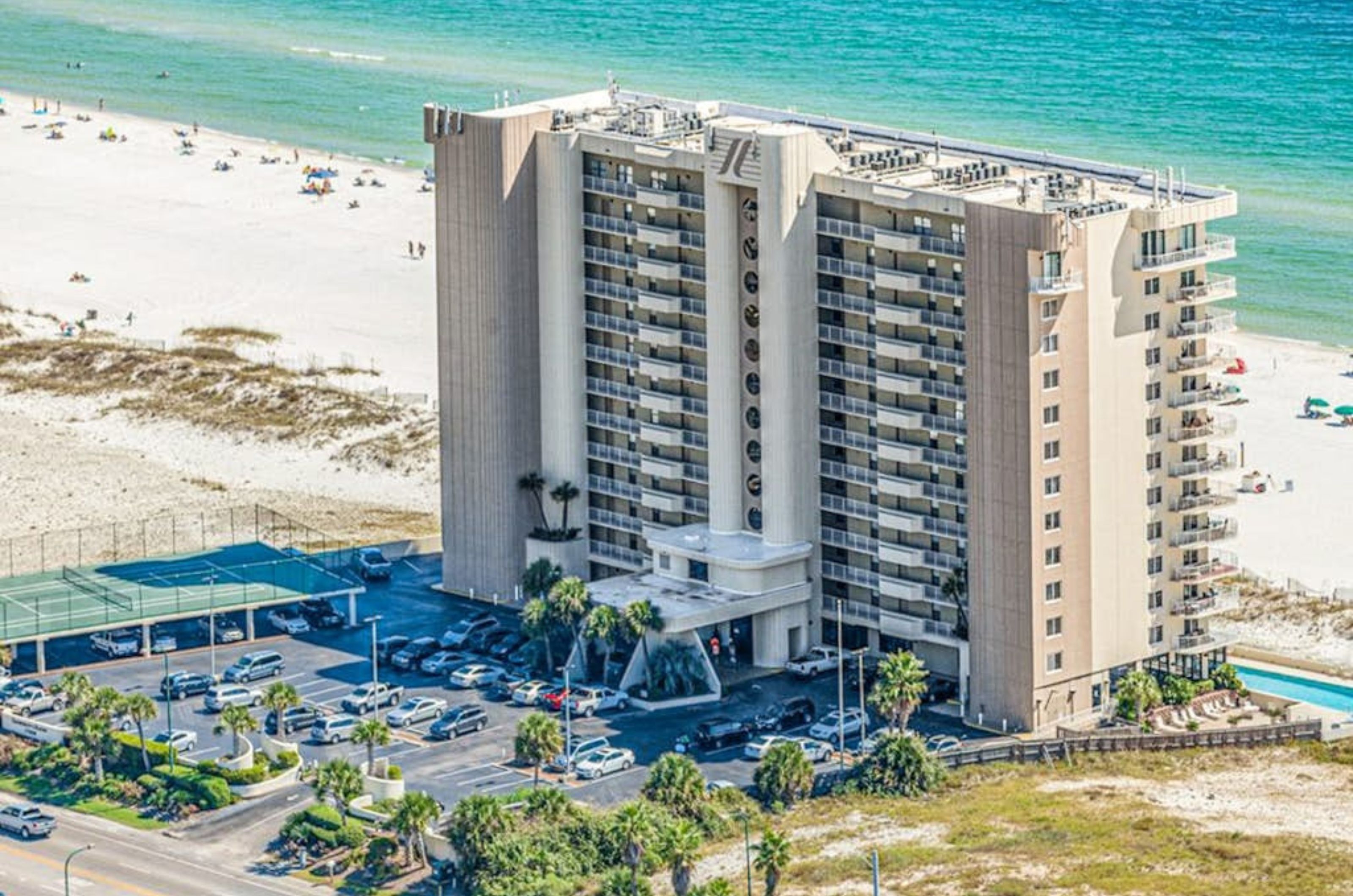 Birds eye view of Summerchase Condos with the Gulf in the background