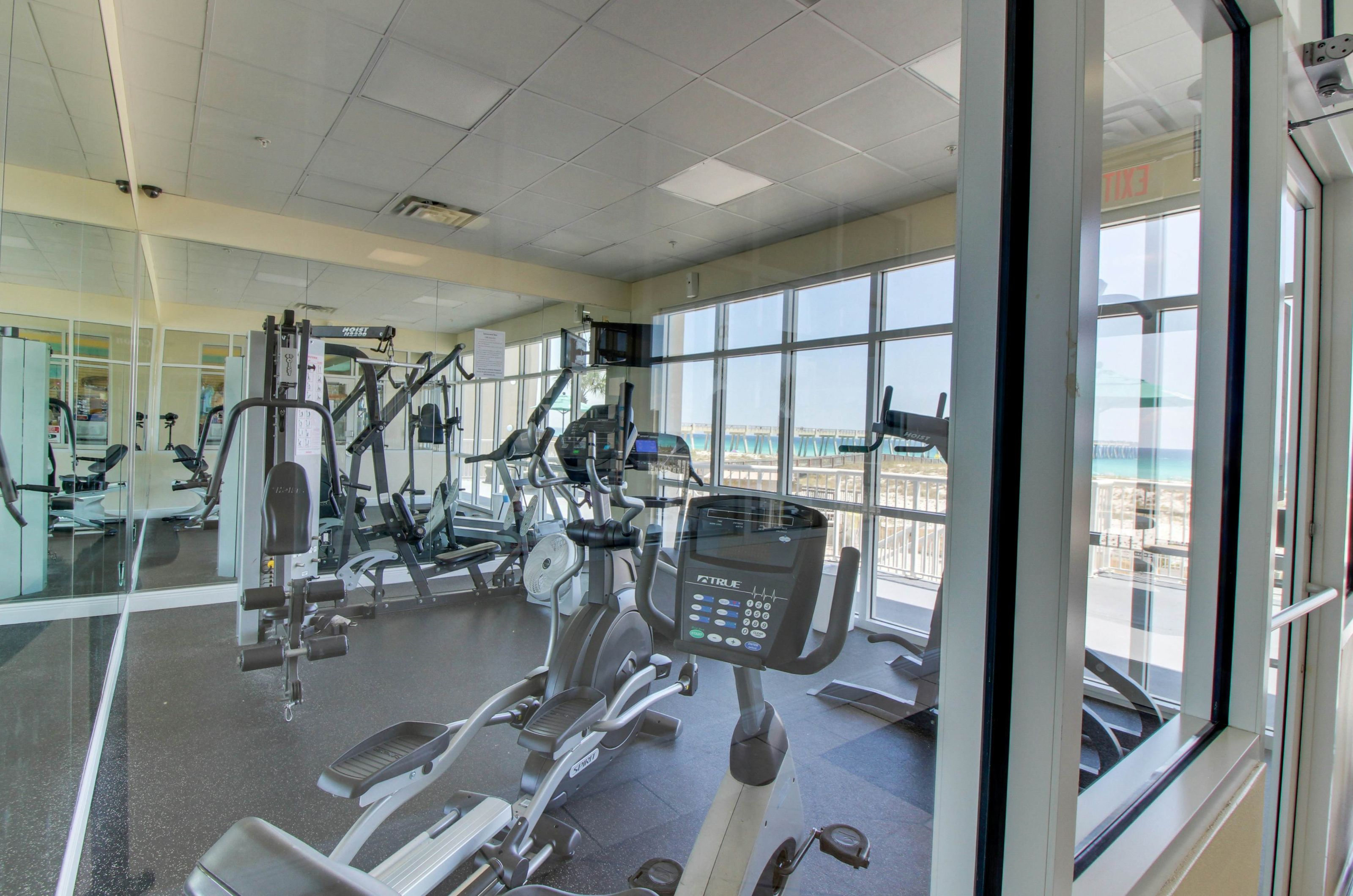 Cardio and strength equipment in the Gulf-front fitness center at Summerwind Resort 