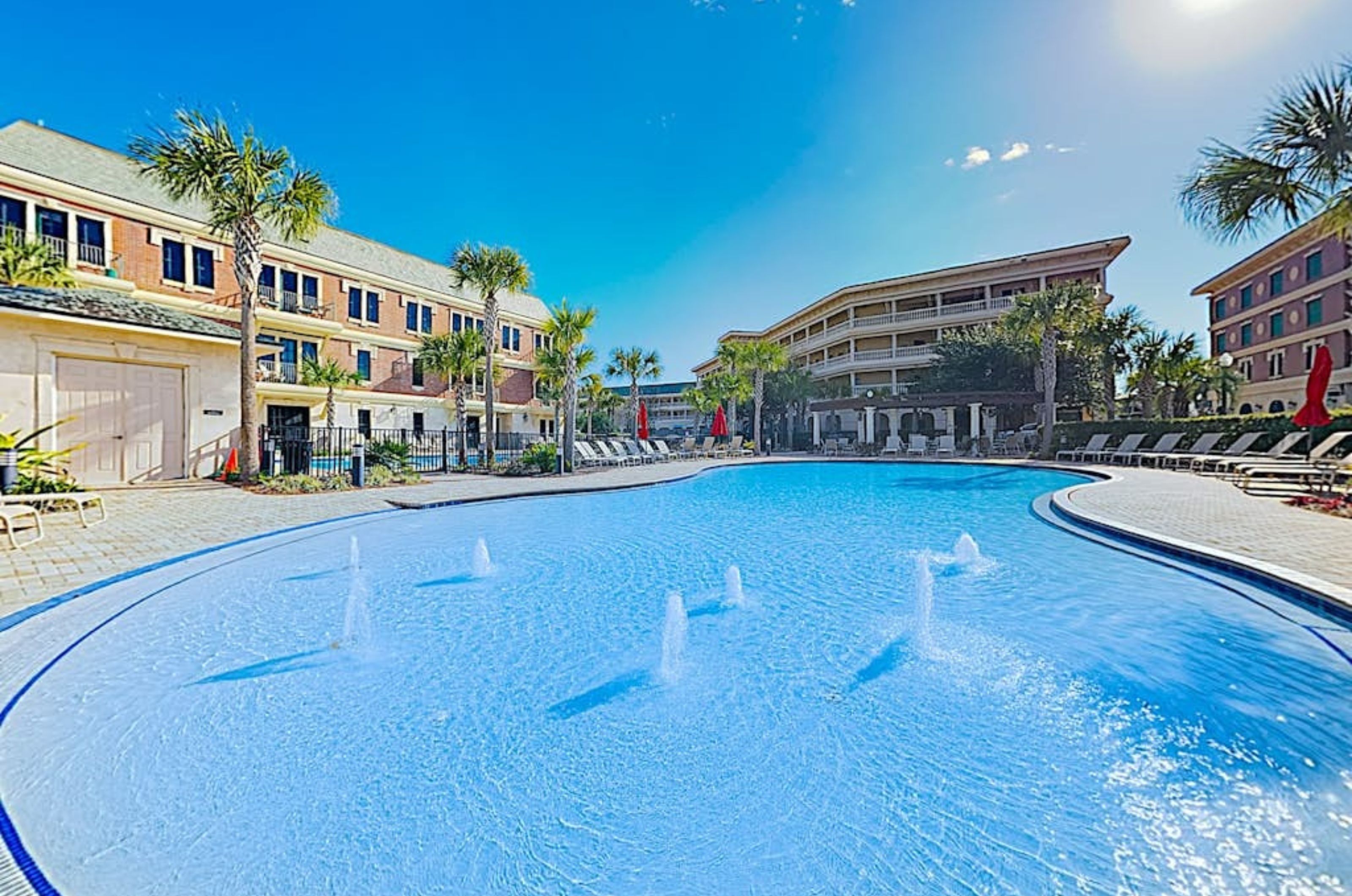 The zero-entry pool with fountains at the Village of South Walton in Rosemary Beach Florida 