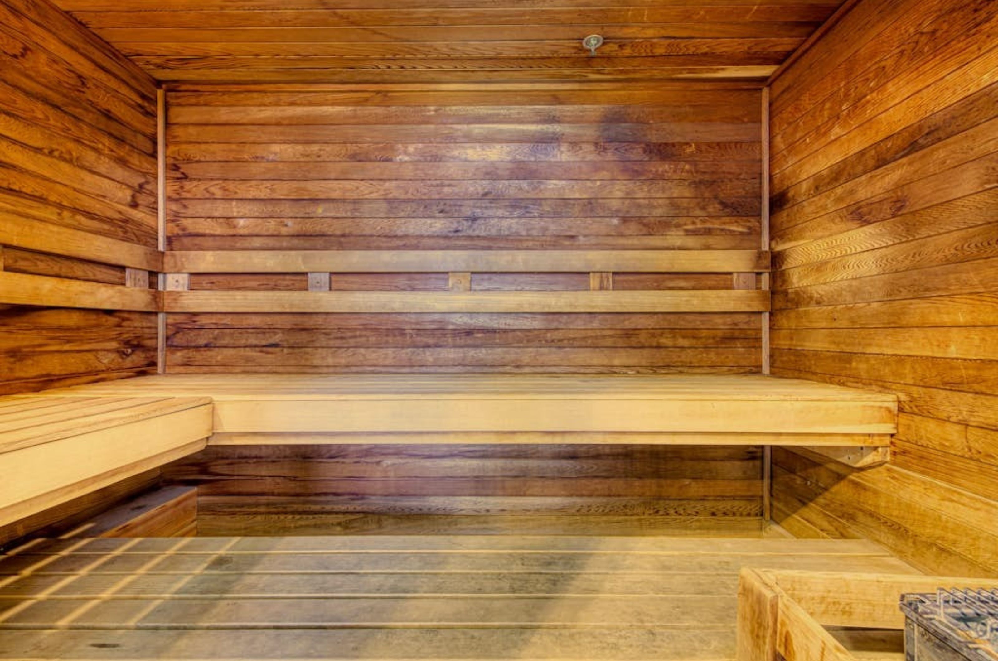 The wooden interior of the sauna at Tidewater Beach Resort Condominiums