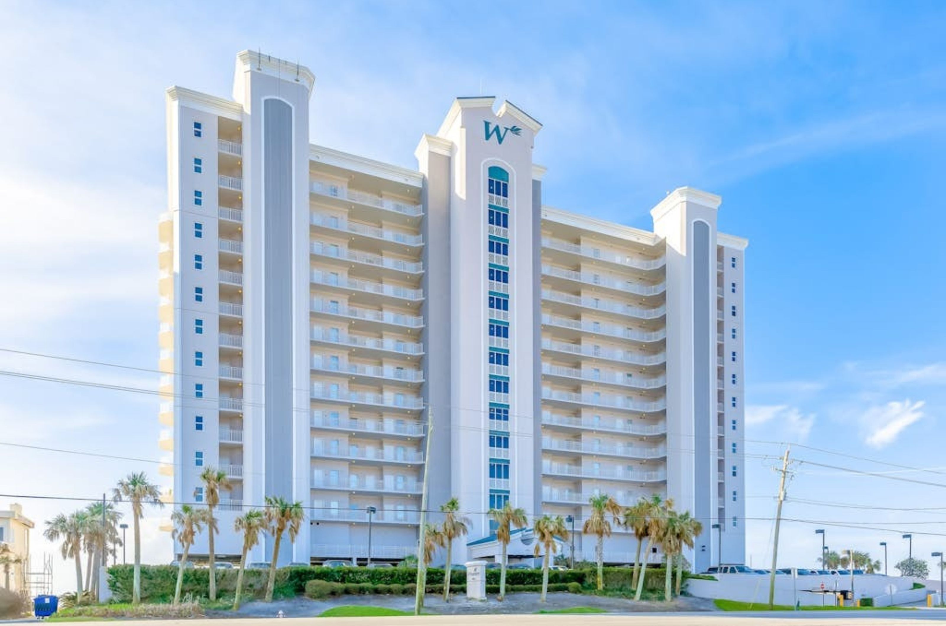 View from the street of the exterior of Windemere Condos in Perdido Key Florida 